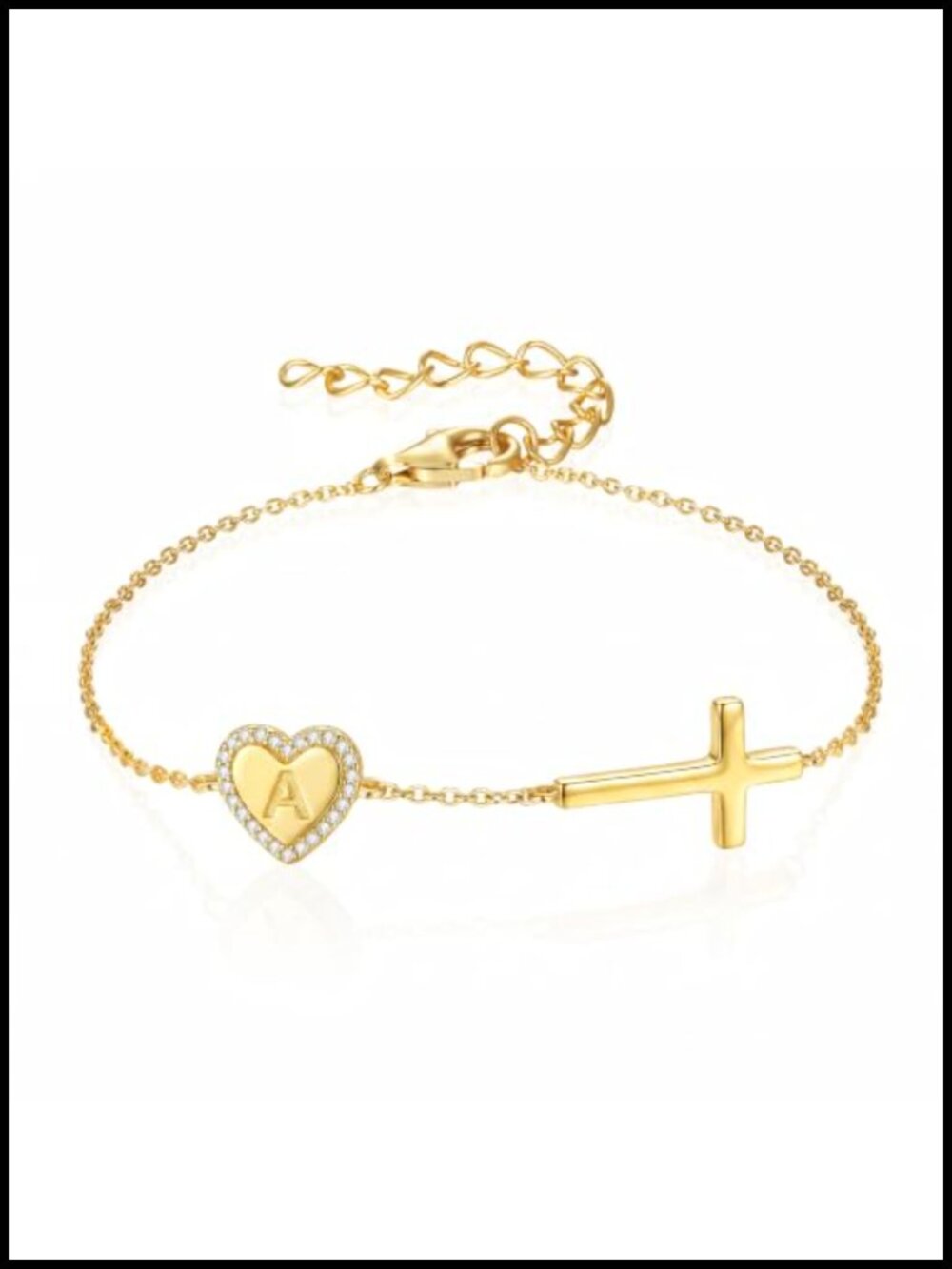 Sterling Silver Initial Cross Bracelet Dainty Heart Charm Adjustable